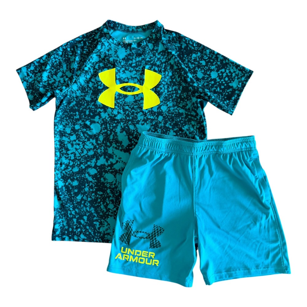 Under Armour Boys Teal Splatter Athletic Shirt Shorts Set - Youth Large